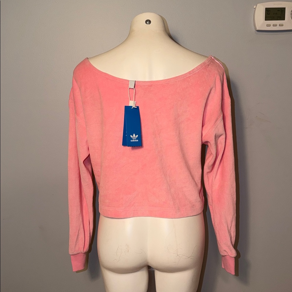 adidas Ladies Relaxed Risqué velour off the shoulder sweatshirt-Vibrant pink - Picture 6 of 14